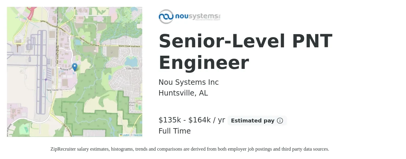 Nou Systems Inc job posting for a Senior-Level PNT Engineer in Huntsville, AL with a salary of $135,000 to $164,000 Yearly with a map of Huntsville location.