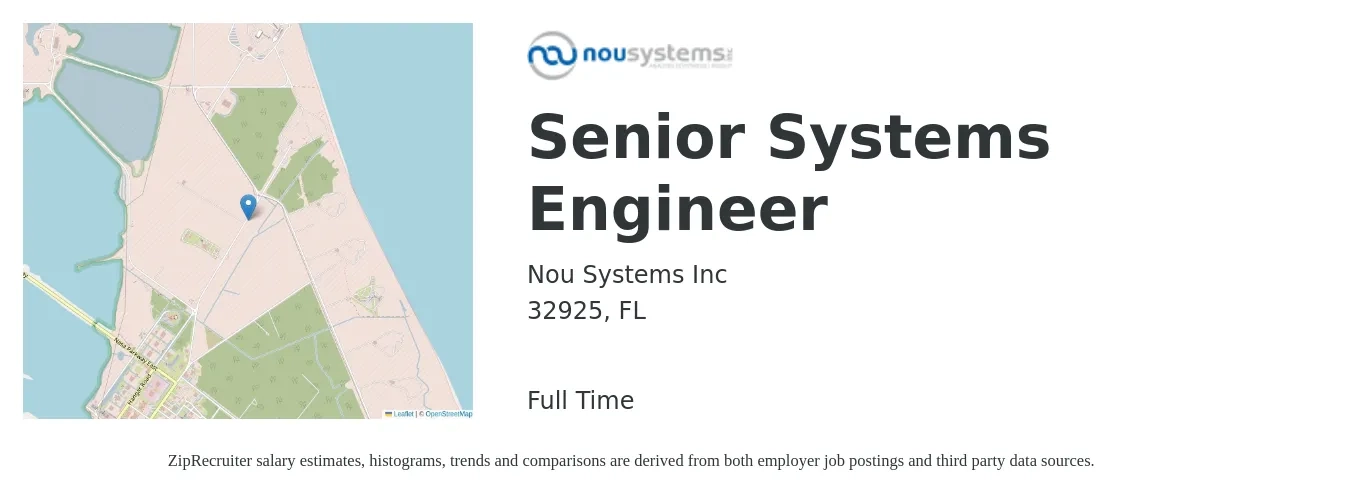 Nou Systems Inc job posting for a Senior Systems Engineer in 32925, FL with a salary of $114,500 to $156,600 Yearly with a map of 32925 location.