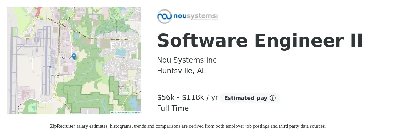 Nou Systems Inc job posting for a Software Engineer II in Huntsville, AL with a salary of $56,200 to $118,600 Yearly with a map of Huntsville location.