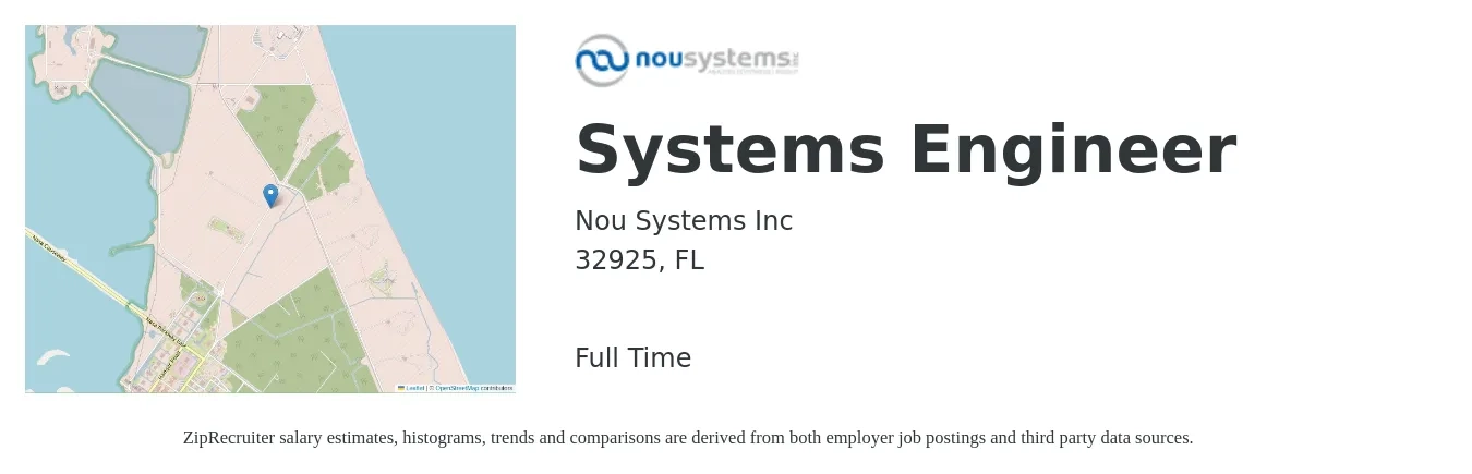 Nou Systems Inc job posting for a Systems Engineer in 32925, FL with a salary of $107,400 to $172,000 Yearly with a map of 32925 location.