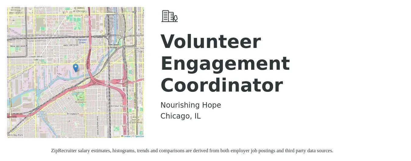 Nourishing Hope job posting for a Volunteer Engagement Coordinator in Chicago, IL with a salary of $20 to $30 Hourly with a map of Chicago location.