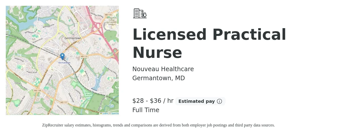 Nouveau Healthcare job posting for a Licensed Practical Nurse in Germantown, MD with a salary of $30 to $38 Hourly with a map of Germantown location.