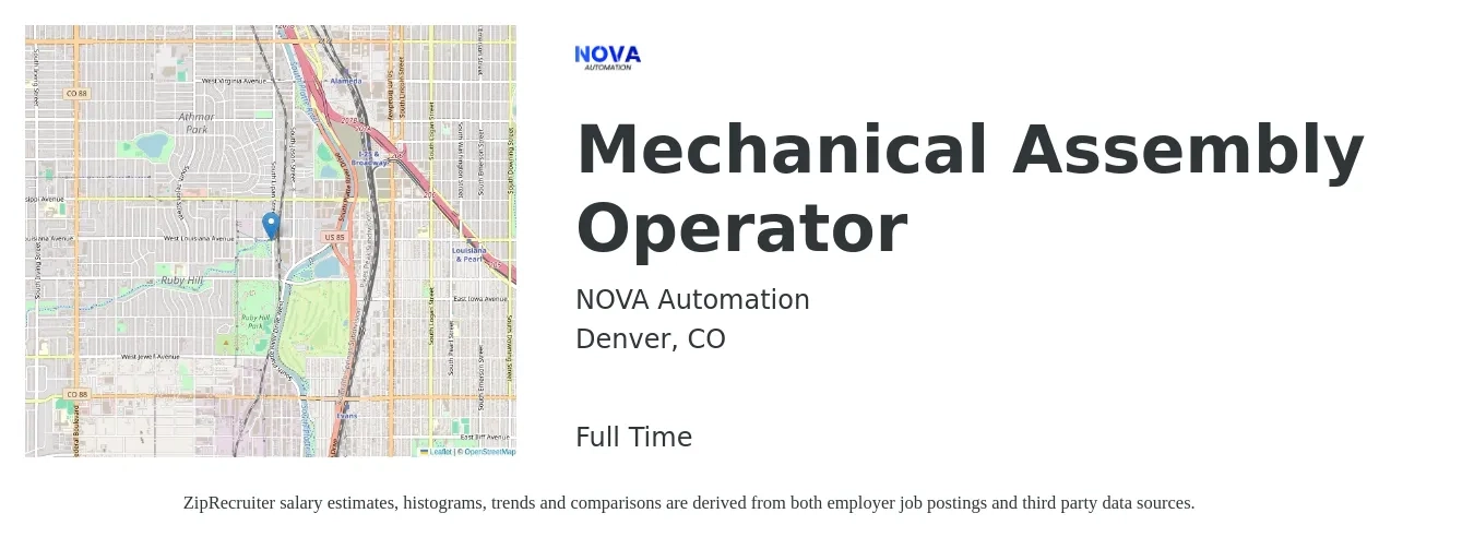 NOVA Automation job posting for a Mechanical Assembly Operator in Denver, CO with a salary of $18 to $30 Hourly with a map of Denver location.