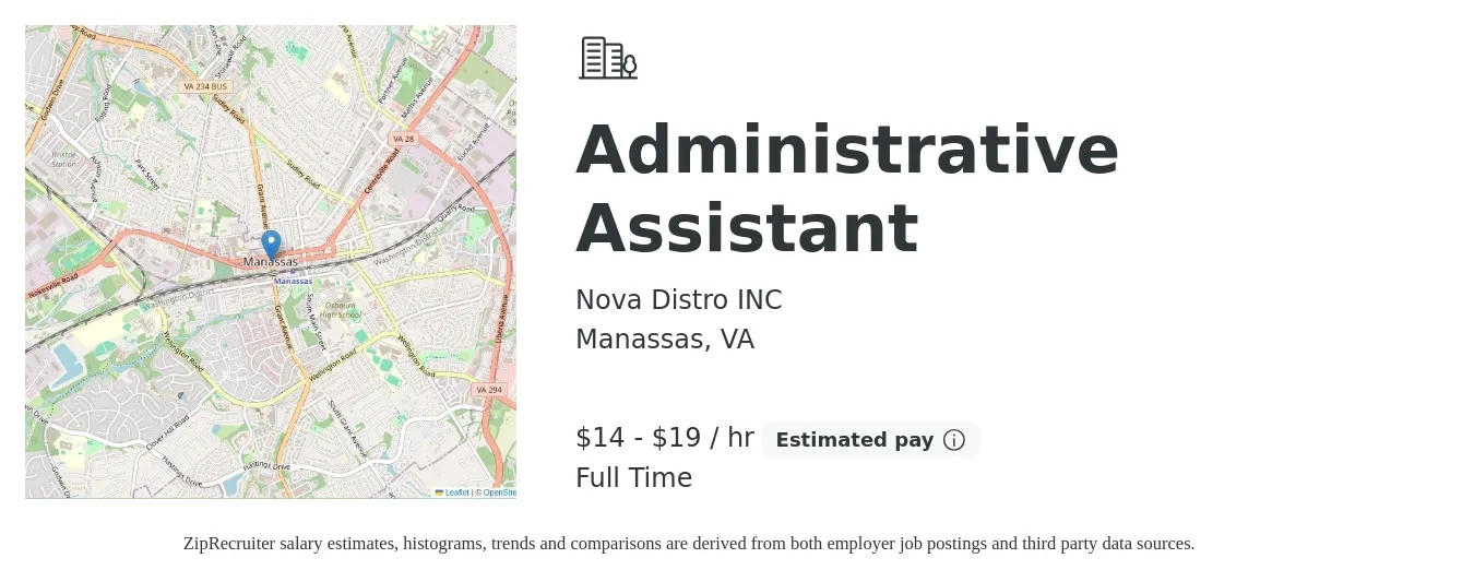 Nova Distro INC job posting for a Administrative Assistant in Manassas, VA with a salary of $15 to $20 Hourly with a map of Manassas location.