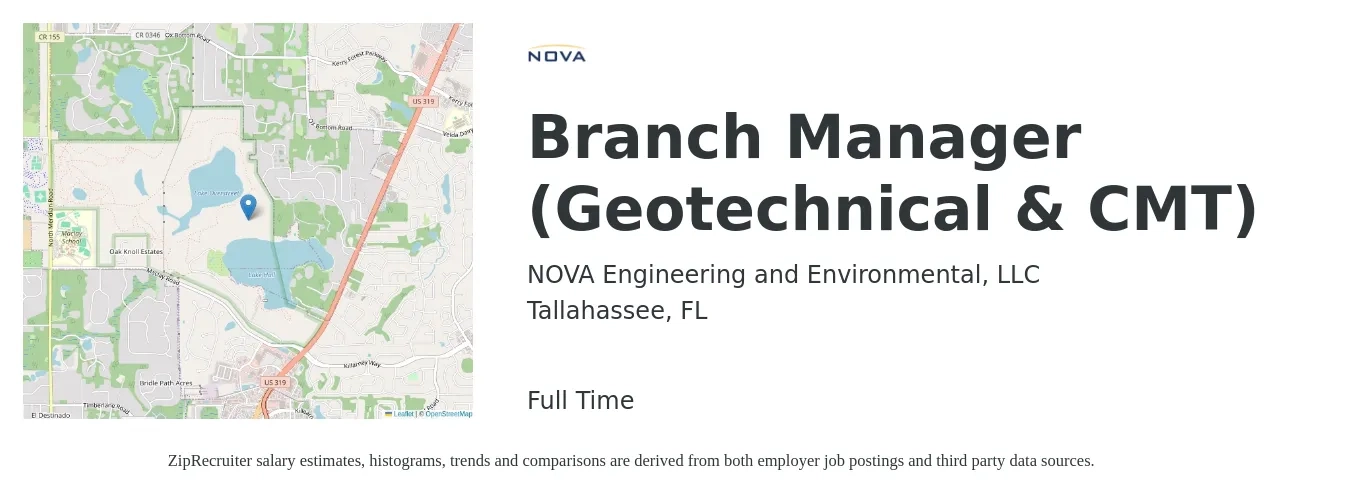 NOVA Engineering and Environmental, LLC job posting for a Branch Manager (Geotechnical & CMT) in Tallahassee, FL with a salary of $69,500 to $112,000 Yearly with a map of Tallahassee location.