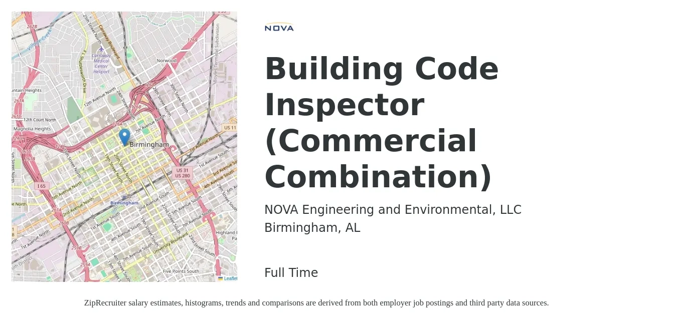 NOVA Engineering and Environmental, LLC job posting for a Building Code Inspector (Commercial Combination) in Birmingham, AL with a salary of $45,200 to $67,800 Yearly with a map of Birmingham location.