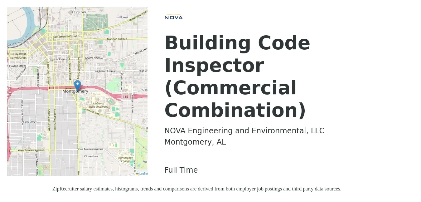 NOVA Engineering and Environmental, LLC job posting for a Building Code Inspector (Commercial Combination) in Montgomery, AL with a salary of $44,500 to $66,800 Yearly with a map of Montgomery location.