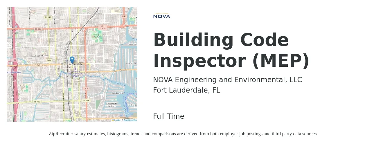 NOVA Engineering and Environmental, LLC job posting for a Building Code Inspector (MEP) in Fort Lauderdale, FL with a salary of $51,400 to $77,200 Yearly with a map of Fort Lauderdale location.