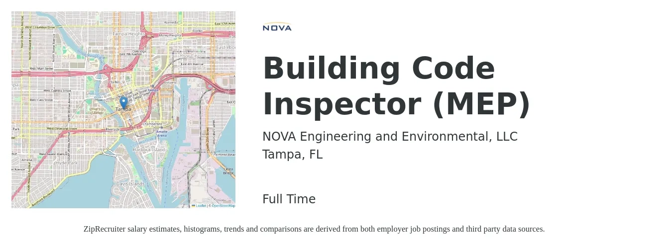 NOVA Engineering and Environmental, LLC job posting for a Building Code Inspector (MEP) in Tampa, FL with a salary of $49,300 to $74,000 Yearly with a map of Tampa location.
