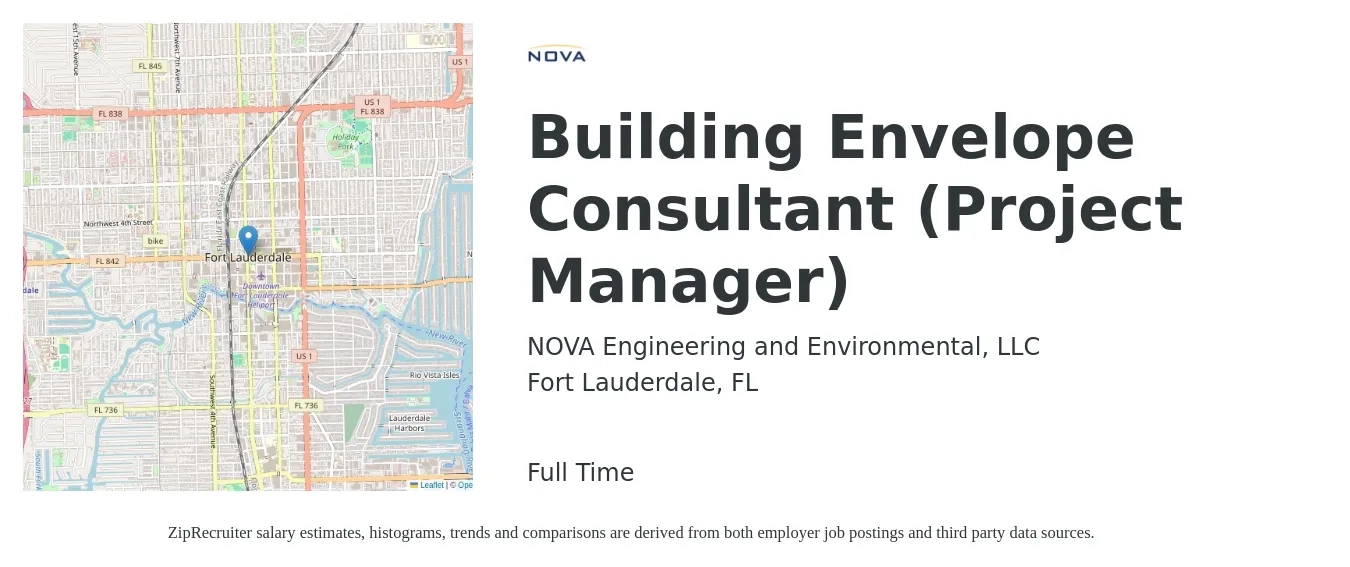 NOVA Engineering and Environmental, LLC job posting for a Building Envelope Consultant (Project Manager) in Fort Lauderdale, FL with a salary of $73,800 to $85,300 Yearly with a map of Fort Lauderdale location.