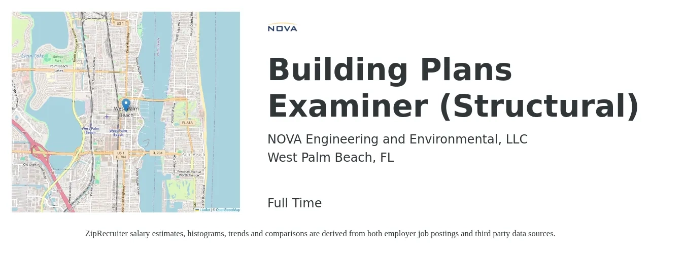 NOVA Engineering and Environmental, LLC job posting for a Building Plans Examiner (Structural) in West Palm Beach, FL with a salary of $46,400 to $67,200 Yearly with a map of West Palm Beach location.