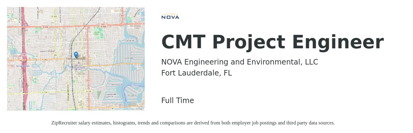 NOVA Engineering and Environmental, LLC job posting for a CMT Project Engineer in Fort Lauderdale, FL with a salary of $70,500 to $98,600 Yearly with a map of Fort Lauderdale location.