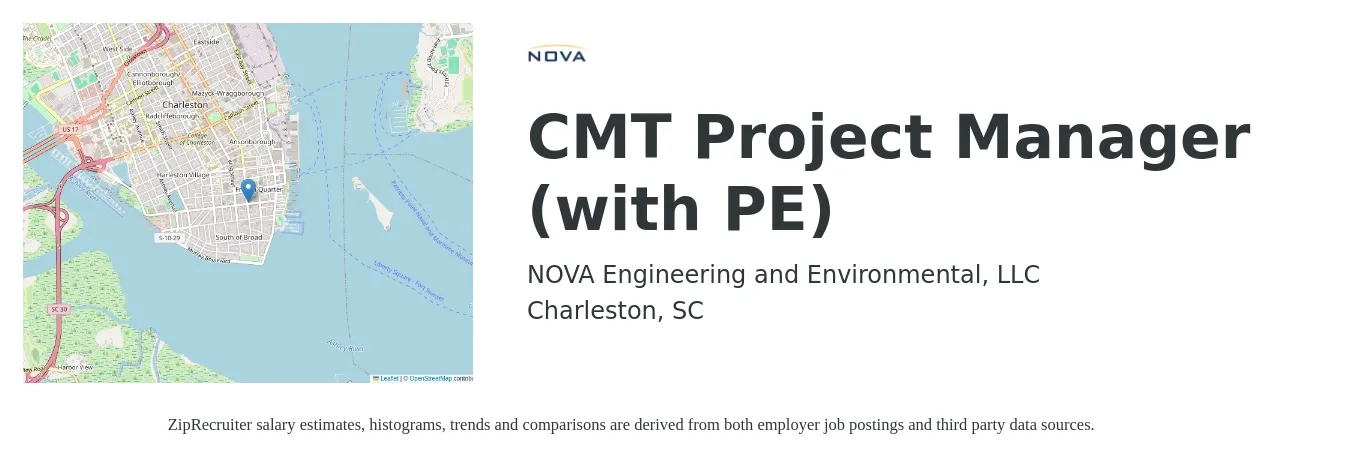 NOVA Engineering and Environmental, LLC job posting for a CMT Project Manager (with PE) in Charleston, SC with a salary of $84,700 to $122,100 Yearly with a map of Charleston location.