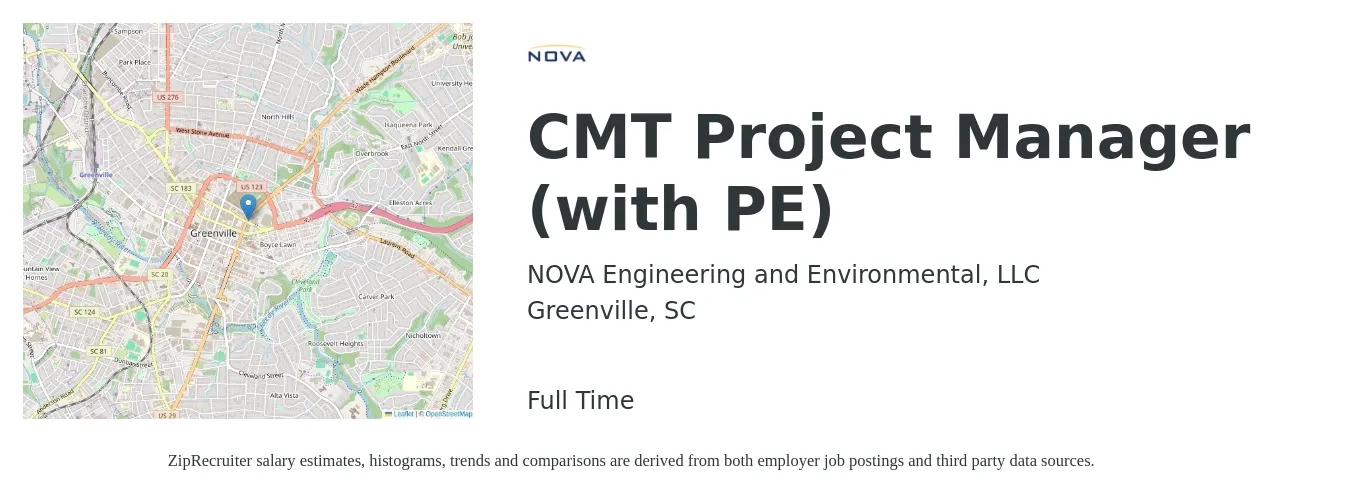 NOVA Engineering and Environmental, LLC job posting for a CMT Project Manager (with PE) in Greenville, SC with a salary of $85,100 to $122,700 Yearly with a map of Greenville location.