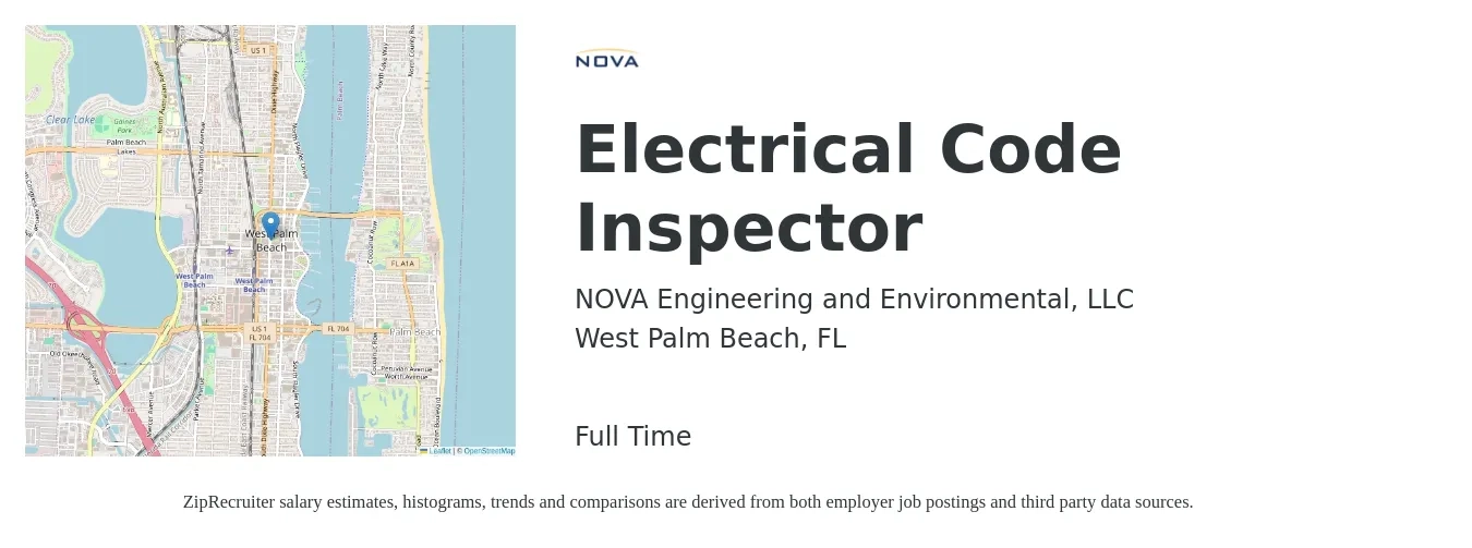 NOVA Engineering and Environmental, LLC job posting for a Electrical Code Inspector in West Palm Beach, FL with a salary of $26 to $42 Hourly with a map of West Palm Beach location.
