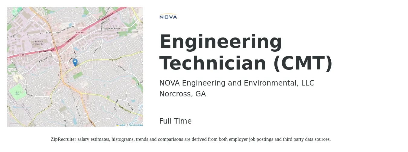 NOVA Engineering and Environmental, LLC job posting for a Engineering Technician (CMT) in Norcross, GA with a salary of $44,100 to $67,500 Yearly with a map of Norcross location.