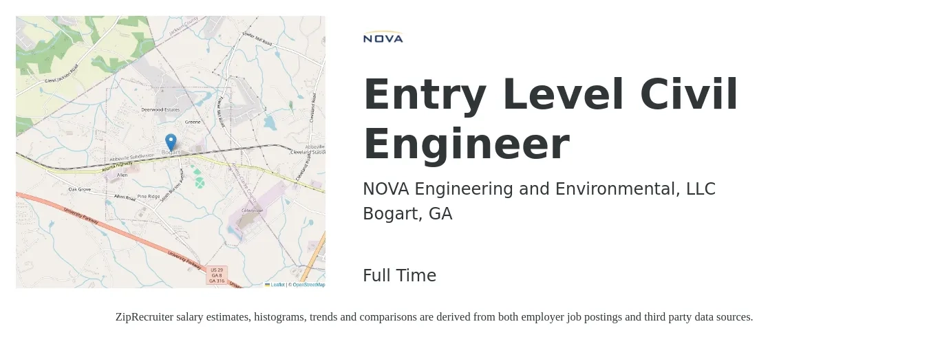 NOVA Engineering and Environmental, LLC job posting for a Entry Level Civil Engineer in Bogart, GA with a salary of $48,900 to $83,300 Yearly with a map of Bogart location.