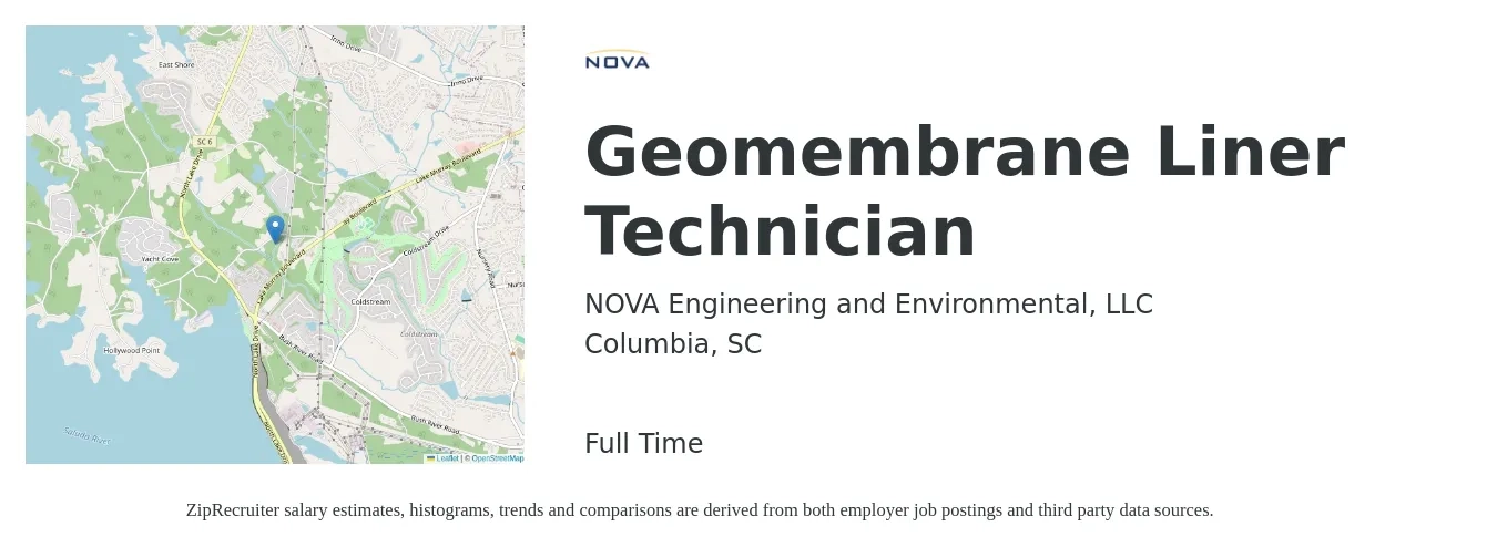 NOVA Engineering and Environmental, LLC job posting for a Geomembrane Liner Technician in Columbia, SC with a salary of $34,700 to $44,400 Yearly with a map of Columbia location.