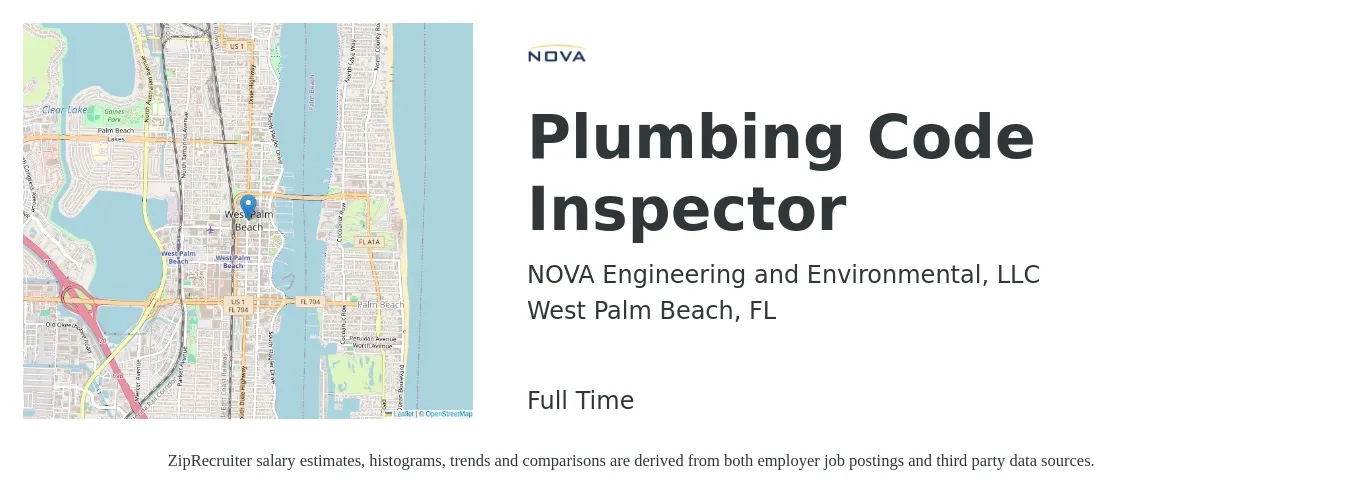NOVA Engineering and Environmental, LLC job posting for a Plumbing Code Inspector in West Palm Beach, FL with a salary of $50,800 to $71,100 Yearly with a map of West Palm Beach location.