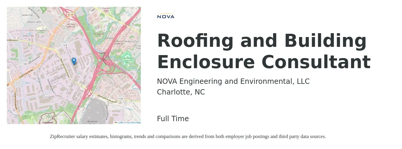NOVA Engineering and Environmental, LLC job posting for a Roofing and Building Enclosure Consultant in Charlotte, NC with a salary of $72,700 to $83,900 Yearly with a map of Charlotte location.