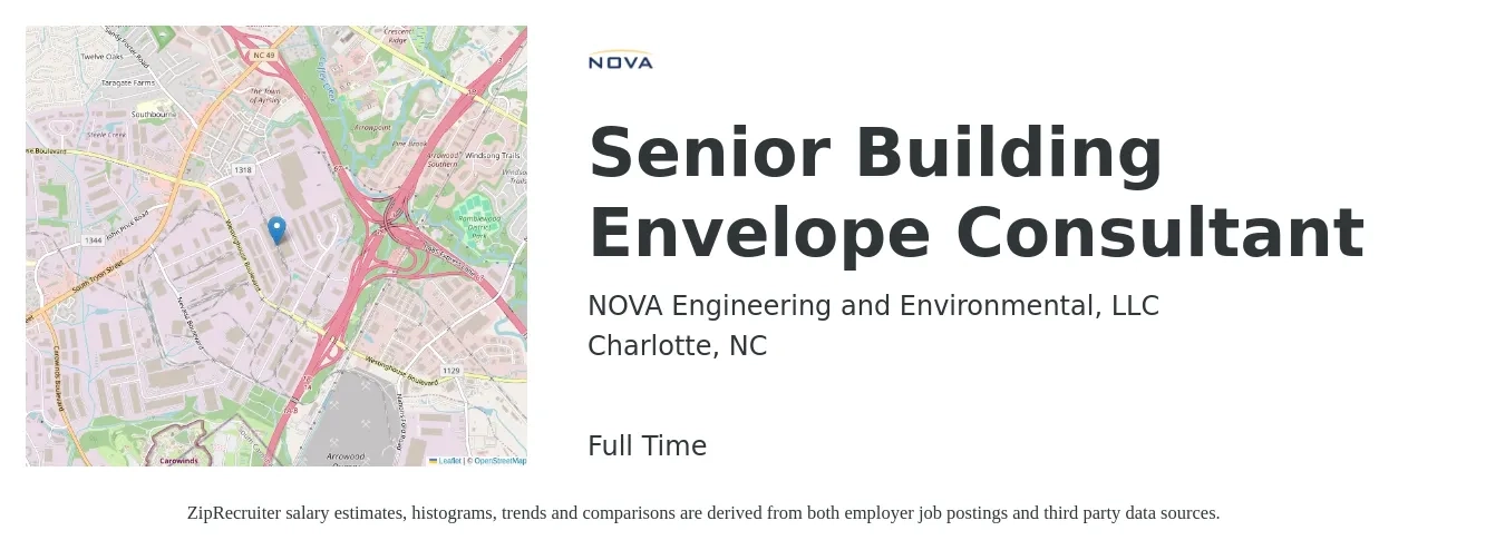 NOVA Engineering and Environmental, LLC job posting for a Senior Building Envelope Consultant in Charlotte, NC with a salary of $82,100 to $129,400 Yearly with a map of Charlotte location.