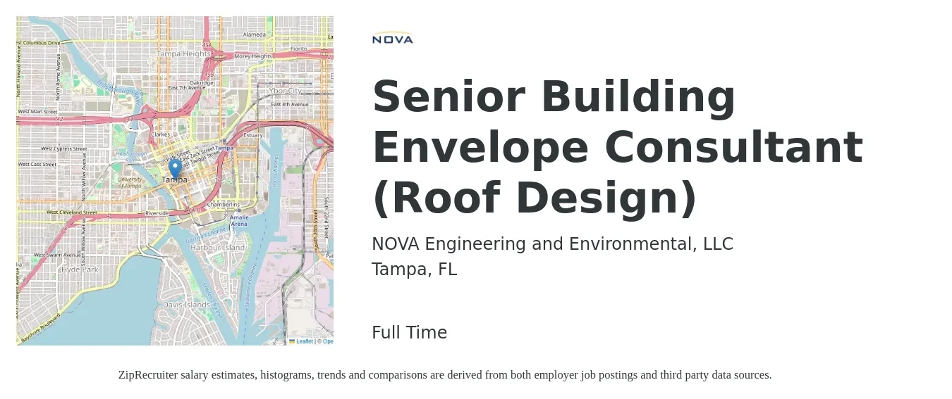 NOVA Engineering and Environmental, LLC job posting for a Senior Building Envelope Consultant (Roof Design) in Tampa, FL with a salary of $78,500 to $116,900 Yearly with a map of Tampa location.