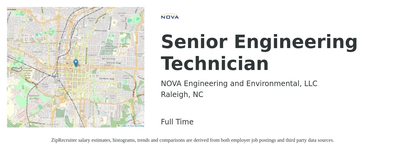 NOVA Engineering and Environmental, LLC job posting for a Senior Engineering Technician in Raleigh, NC with a salary of $27 to $39 Hourly with a map of Raleigh location.