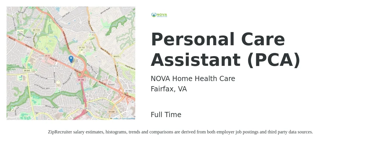 NOVA Home Health Care job posting for a Personal Care Assistant (PCA) in Fairfax, VA with a salary of $13 to $18 Hourly with a map of Fairfax location.