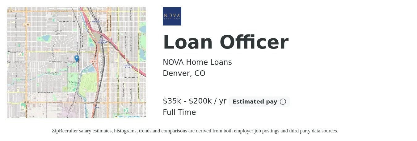NOVA Home Loans job posting for a Loan Officer in Denver, CO with a salary of $35,568 to $200,000 Yearly with a map of Denver location.