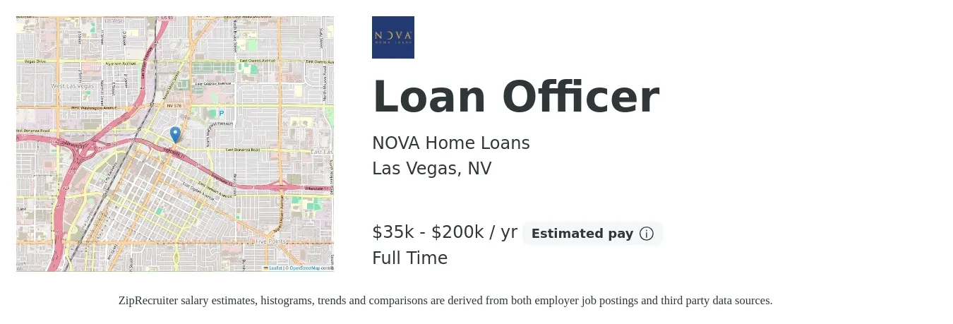 NOVA Home Loans job posting for a Loan Officer in Las Vegas, NV with a salary of $35,568 to $200,000 Yearly with a map of Las Vegas location.