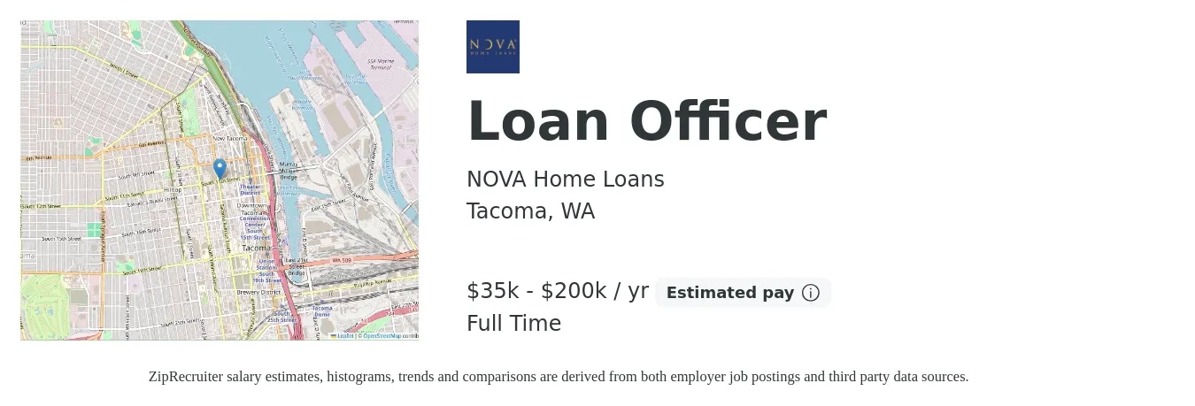 NOVA Home Loans job posting for a Loan Officer in Tacoma, WA with a salary of $35,568 to $200,000 Yearly with a map of Tacoma location.