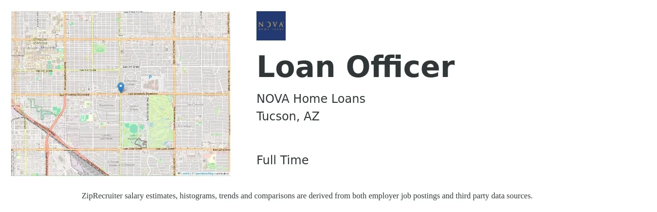 NOVA Home Loans job posting for a Loan Officer in Tucson, AZ with a salary of $39,500 to $77,400 Yearly with a map of Tucson location.