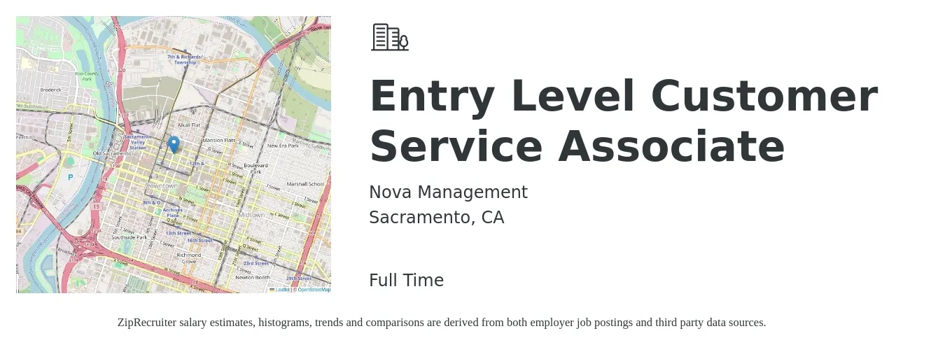 Nova Management job posting for a Entry Level Customer Service Associate in Sacramento, CA with a salary of $16 to $21 Hourly with a map of Sacramento location.
