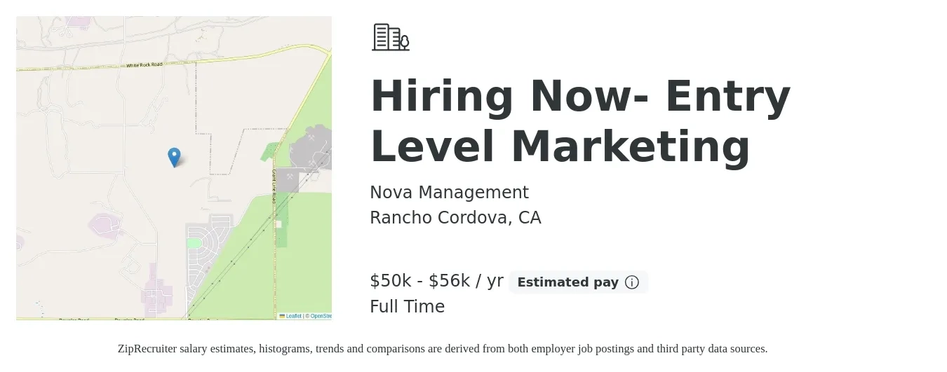 Nova Management job posting for a Hiring Now- Entry Level Marketing in Rancho Cordova, CA with a salary of $50,000 to $56,000 Yearly with a map of Rancho Cordova location.