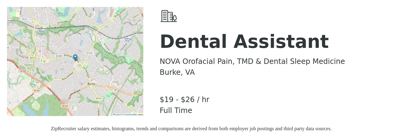 NOVA Orofacial Pain, TMD & Dental Sleep Medicine job posting for a Dental Assistant in Burke, VA with a salary of $20 to $28 Hourly with a map of Burke location.