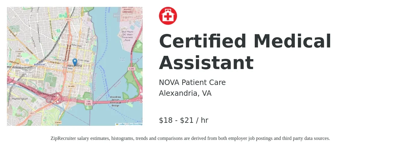 NOVA Patient Care job posting for a Certified Medical Assistant in Alexandria, VA with a salary of $19 to $22 Hourly with a map of Alexandria location.