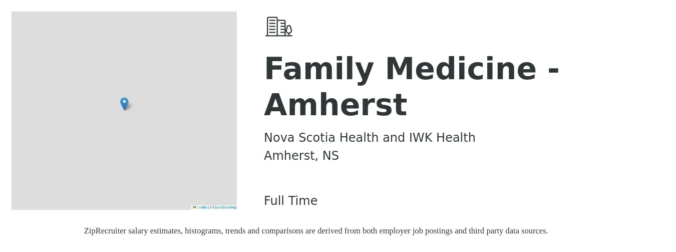 Nova Scotia Health and IWK Health job posting for a Family Medicine - Amherst in Amherst, NS with a map of Amherst location.