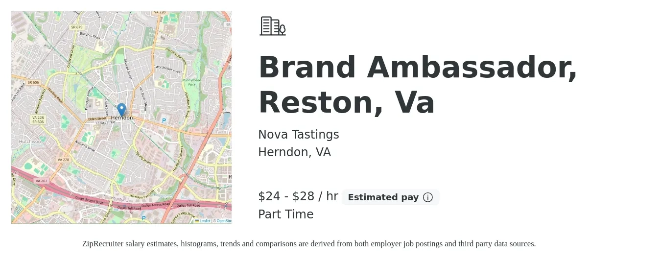 Nova Tastings job posting for a Brand Ambassador, Reston, Va in Herndon, VA with a salary of $25 to $30 Hourly with a map of Herndon location.