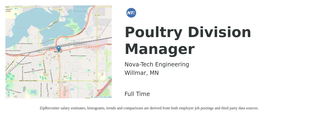 Nova-Tech Engineering job posting for a Poultry Division Manager in Willmar, MN with a salary of $64,900 to $114,900 Yearly with a map of Willmar location.