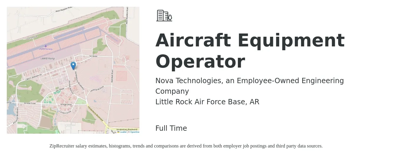 Nova Technologies, an Employee-Owned Engineering Company job posting for a Aircraft Equipment Operator in Little Rock Air Force Base, AR with a salary of $17 to $23 Hourly with a map of Little Rock Air Force Base location.