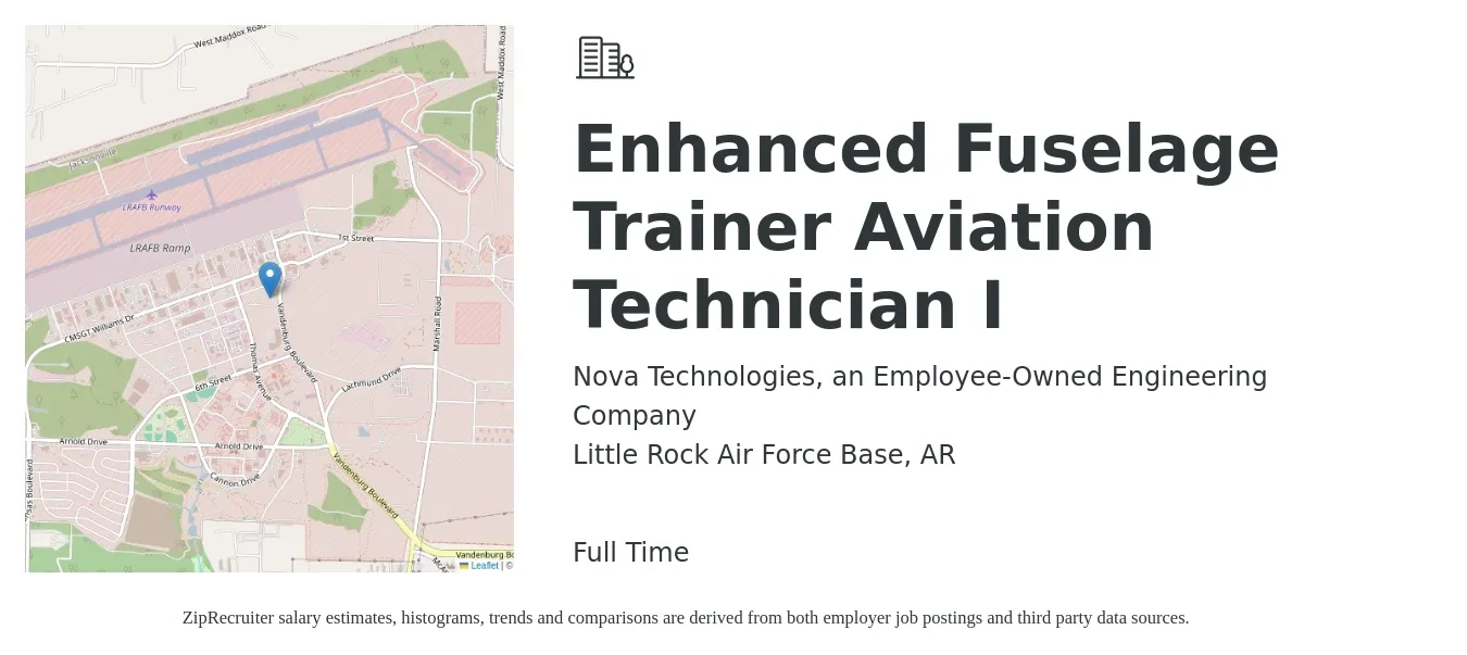 Nova Technologies, an Employee-Owned Engineering Company job posting for a Enhanced Fuselage Trainer Aviation Technician I in Little Rock Air Force Base, AR with a salary of $50,500 to $84,700 Yearly with a map of Little Rock Air Force Base location.