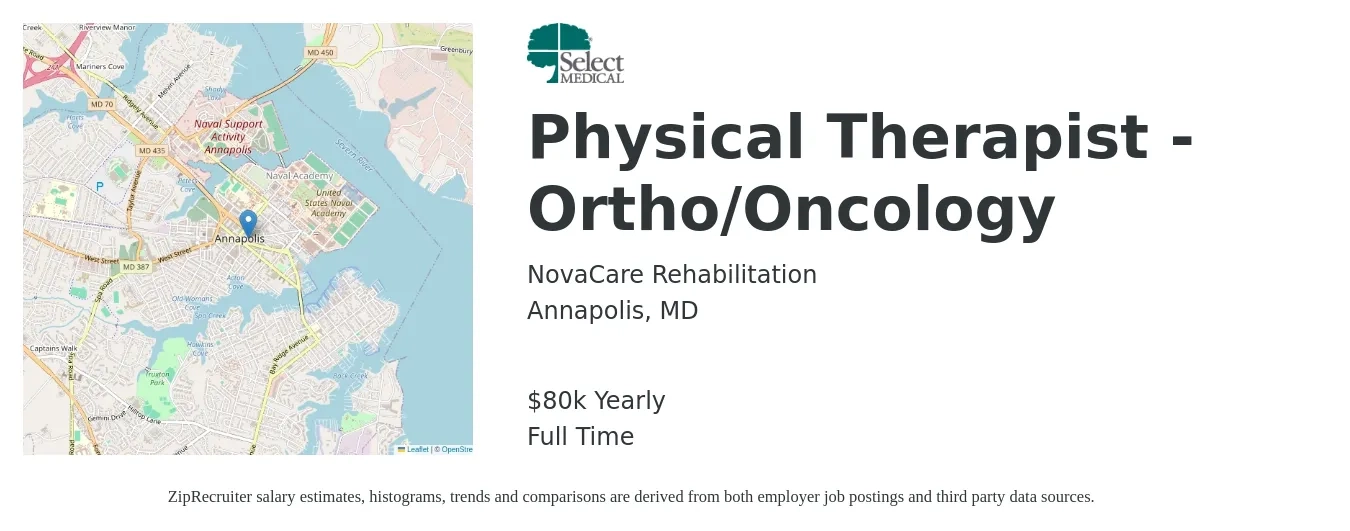 NovaCare Rehabilitation job posting for a Physical Therapist - Ortho/Oncology in Annapolis, MD with a salary of $80,000 Yearly with a map of Annapolis location.