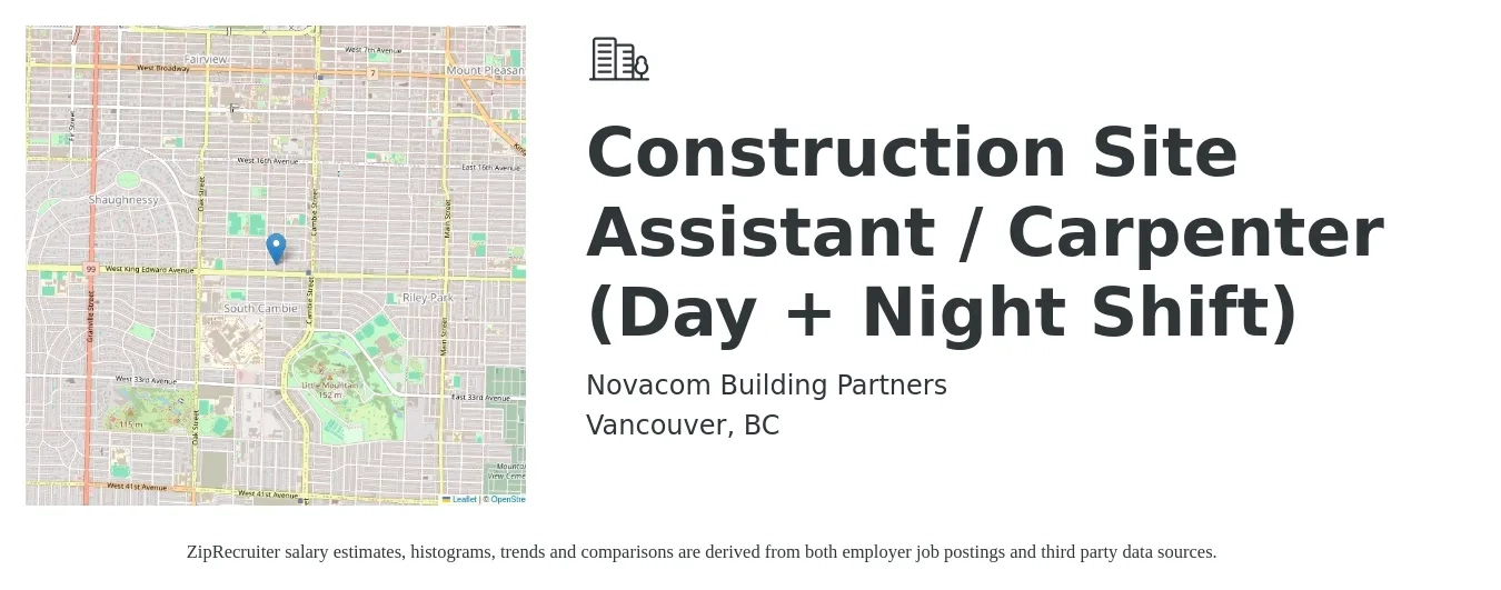 Novacom Building Partners job posting for a Construction Site Assistant / Carpenter (Day + Night Shift) in Vancouver, BC with a salary of $25 to $37 Hourly with a map of Vancouver location.