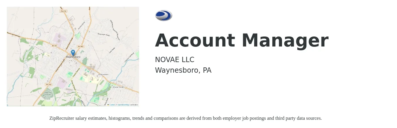 NOVAE LLC job posting for a Account Manager in Waynesboro, PA with a salary of $46,000 to $75,200 Yearly with a map of Waynesboro location.