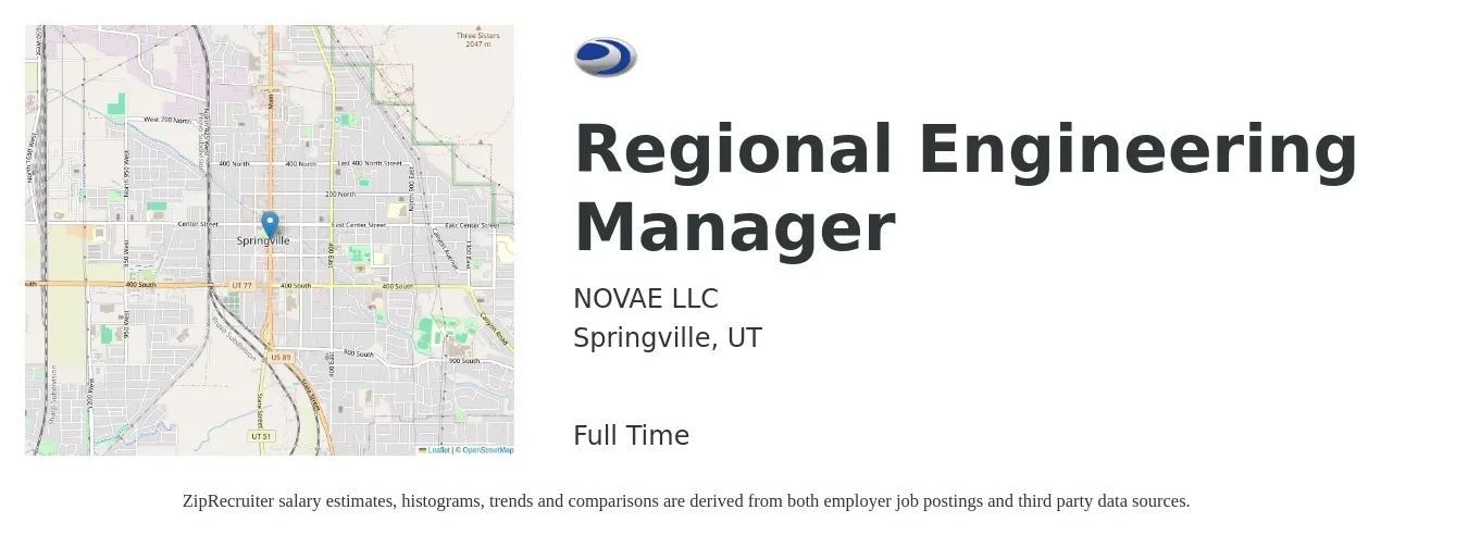 NOVAE LLC job posting for a Regional Engineering Manager in Springville, UT with a salary of $65,600 to $94,300 Yearly with a map of Springville location.