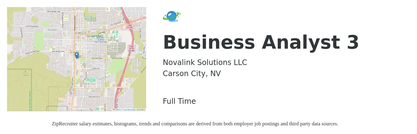 Novalink Solutions job posting for a Business Analyst 3 in Carson City, NV with a salary of $43 to $59 Hourly with a map of Carson City location.