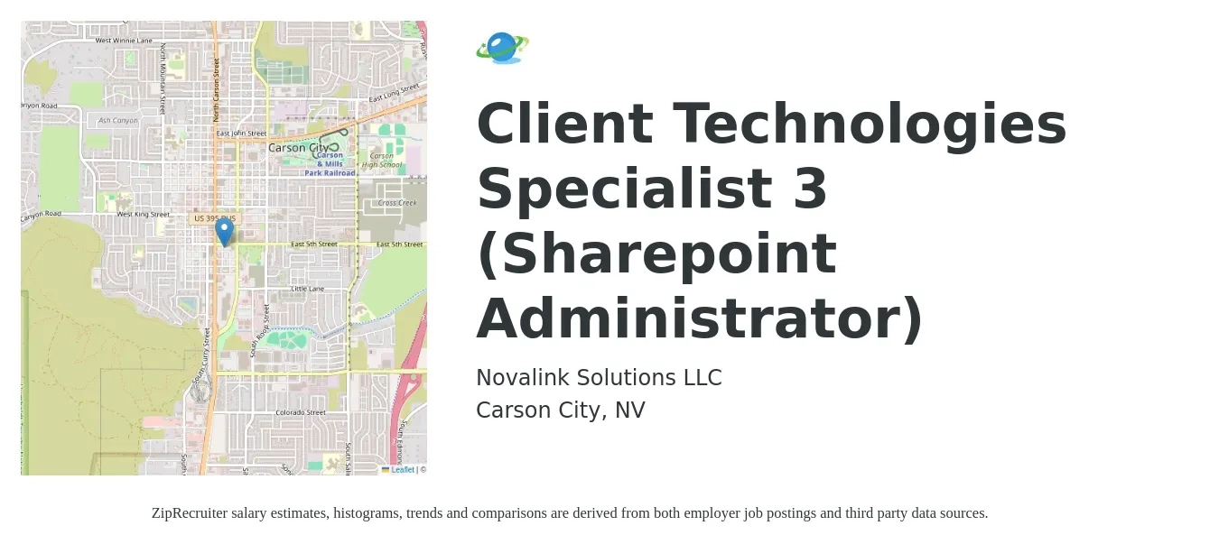 Novalink Solutions LLC job posting for a Client Technologies Specialist 3 (Sharepoint Administrator) in Carson City, NV with a salary of $40 to $59 Hourly with a map of Carson City location.