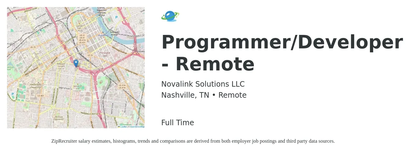 Novalink Solutions job posting for a Programmer/Developer - Remote in Nashville, TN with a salary of $48 to $64 Hourly with a map of Nashville location.