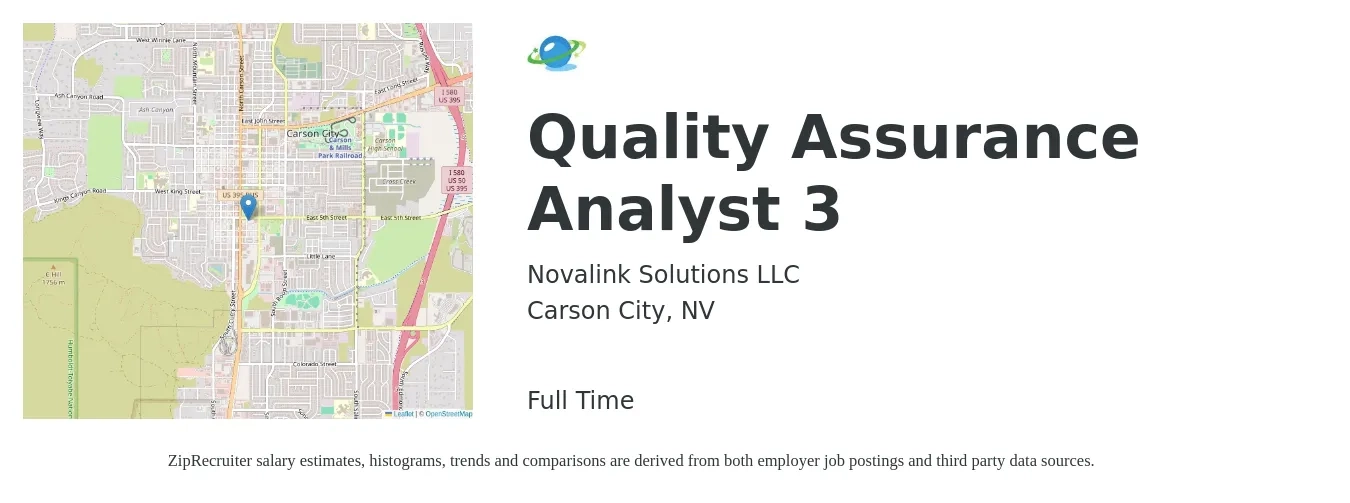 Novalink Solutions LLC job posting for a Quality Assurance Analyst 3 in Carson City, NV with a salary of $29 to $50 Hourly with a map of Carson City location.