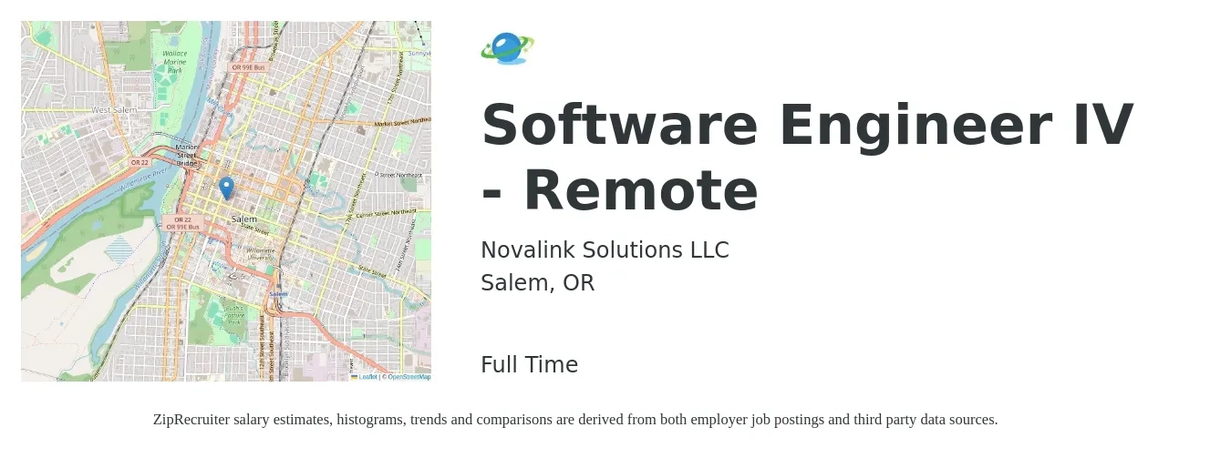 Novalink Solutions job posting for a Software Engineer IV - Remote in Salem, OR with a salary of $116,900 to $168,500 Yearly with a map of Salem location.